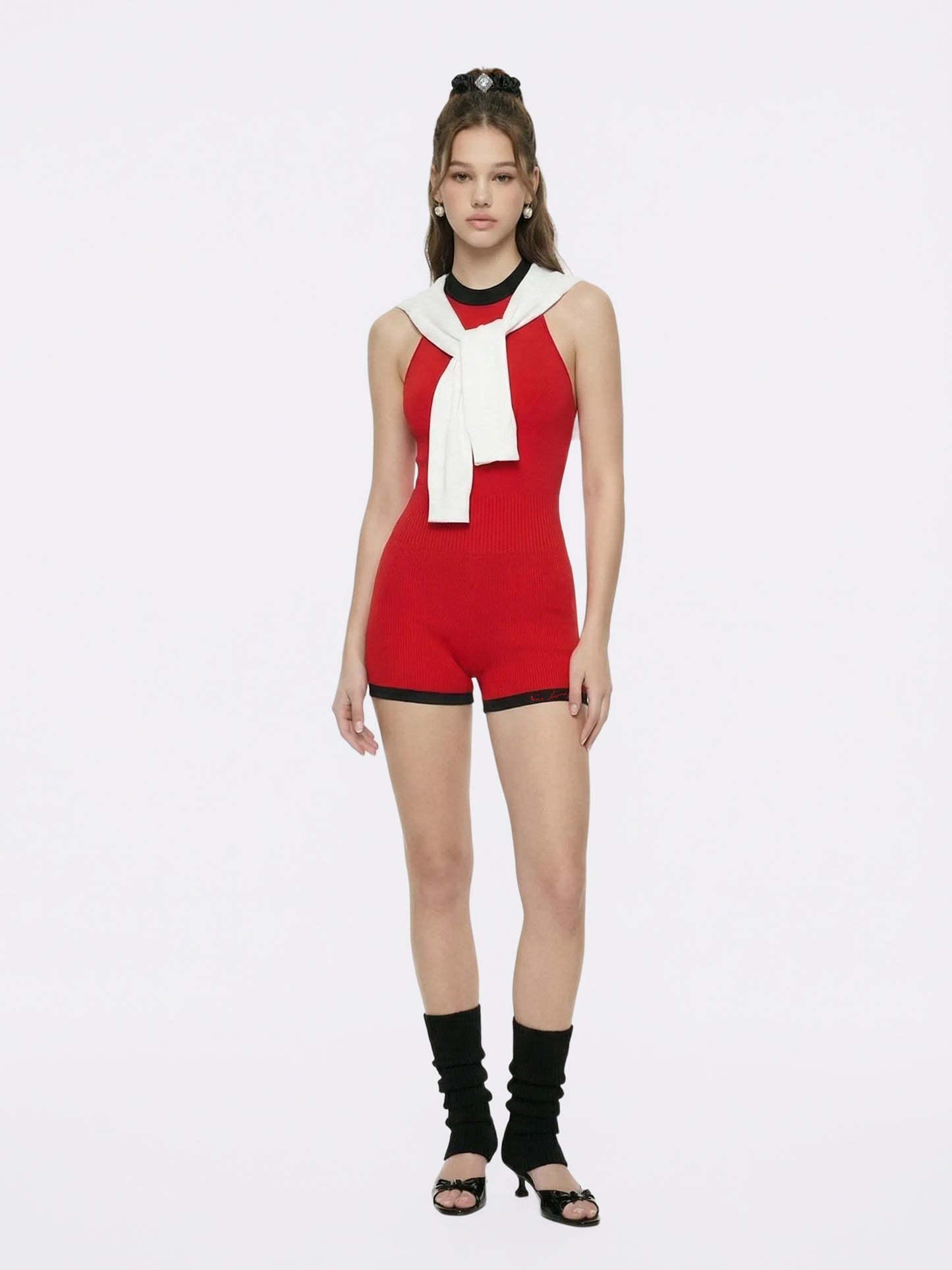 Ava Contrast Halter Knit Red Romper