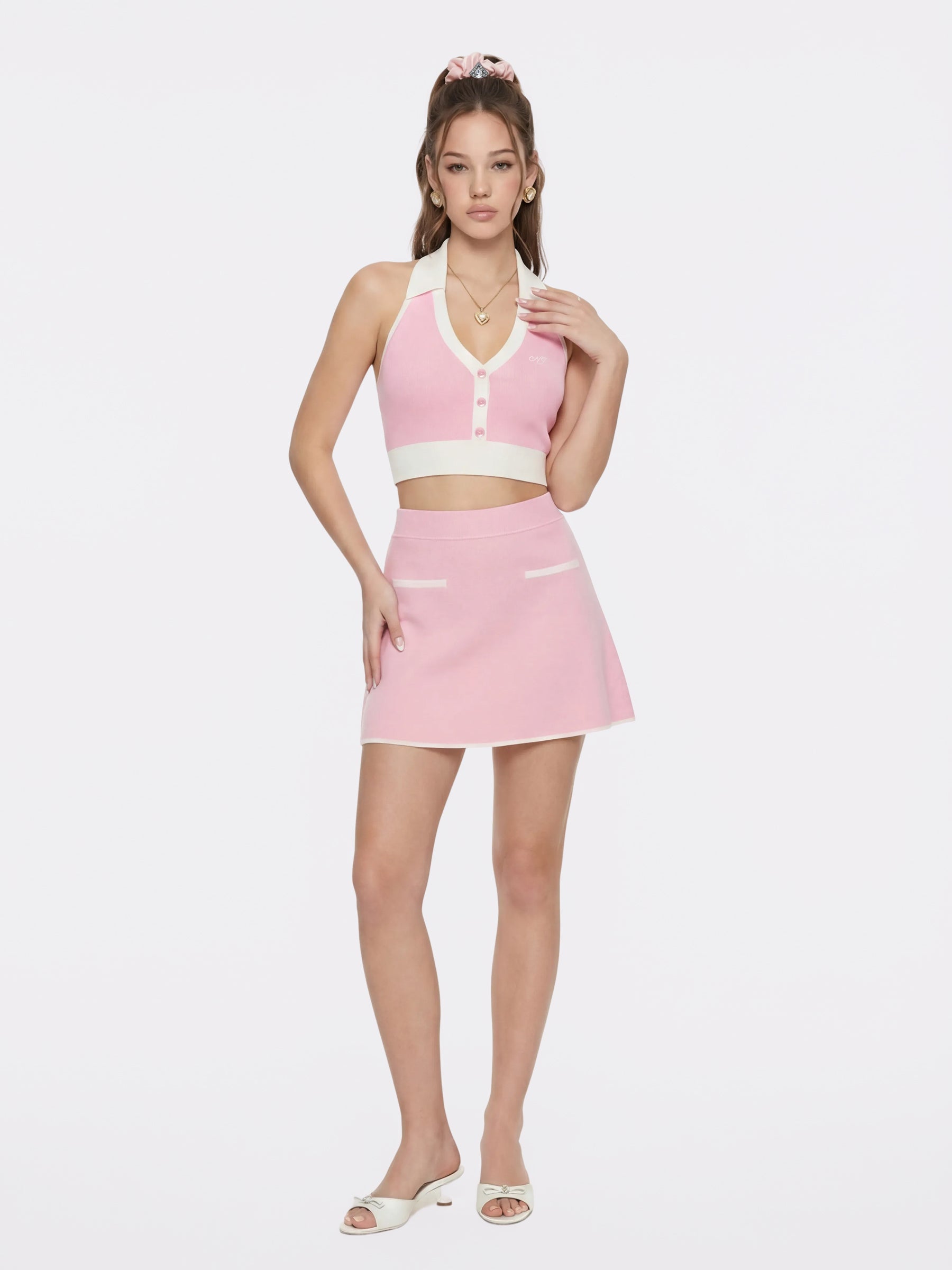 Wilhelmina Contrast Halter Knit Pink Top