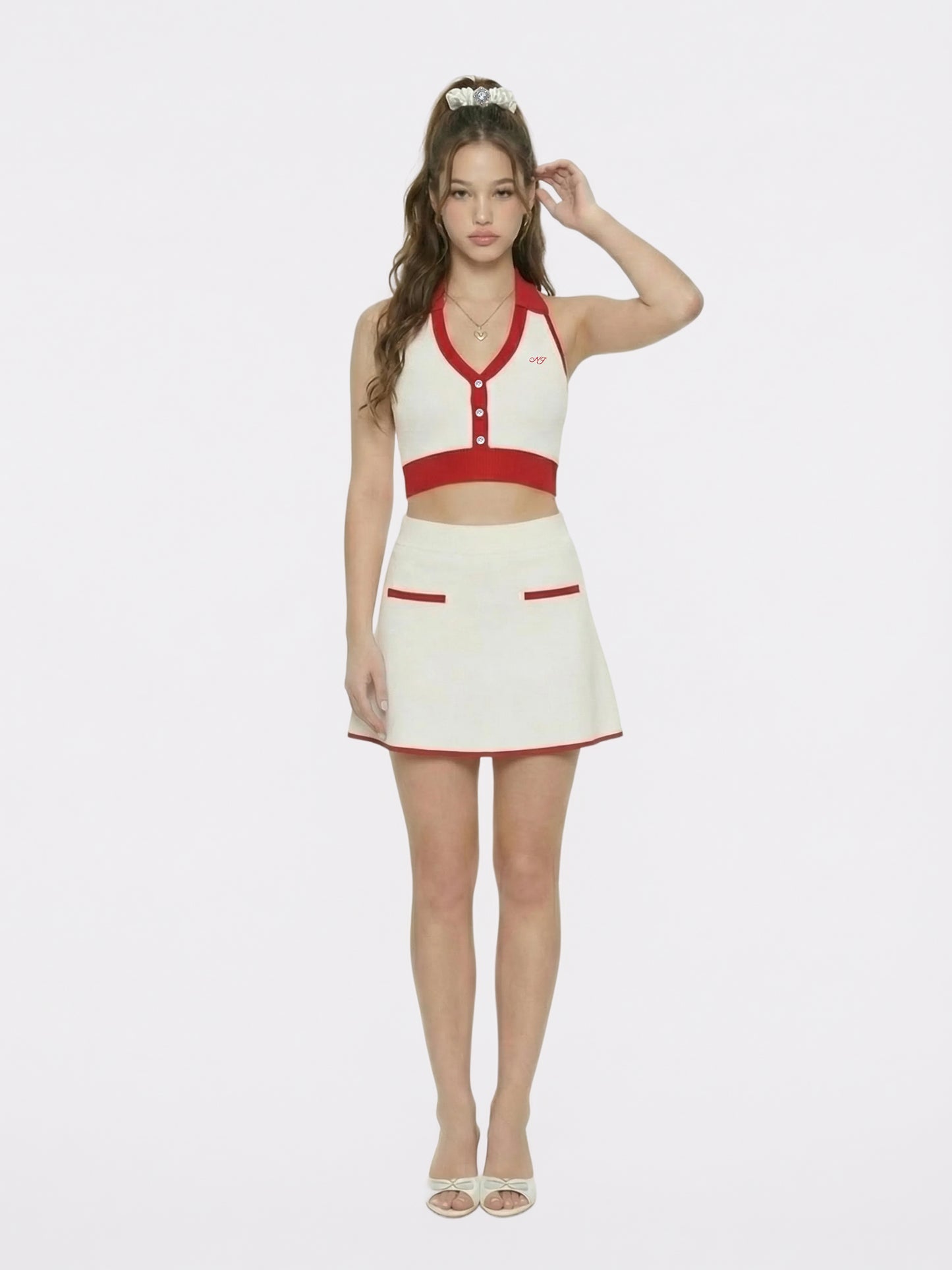 Wilhelmina Contrast Halter Knit White Top