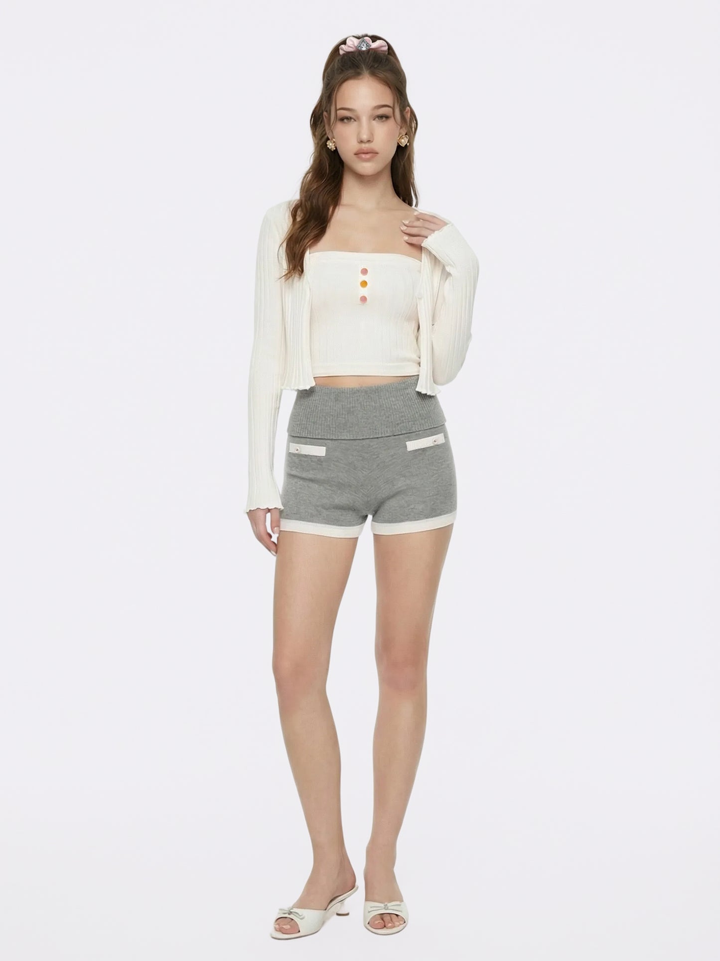 Jane Cropped Ribbed White Knit Cardigan