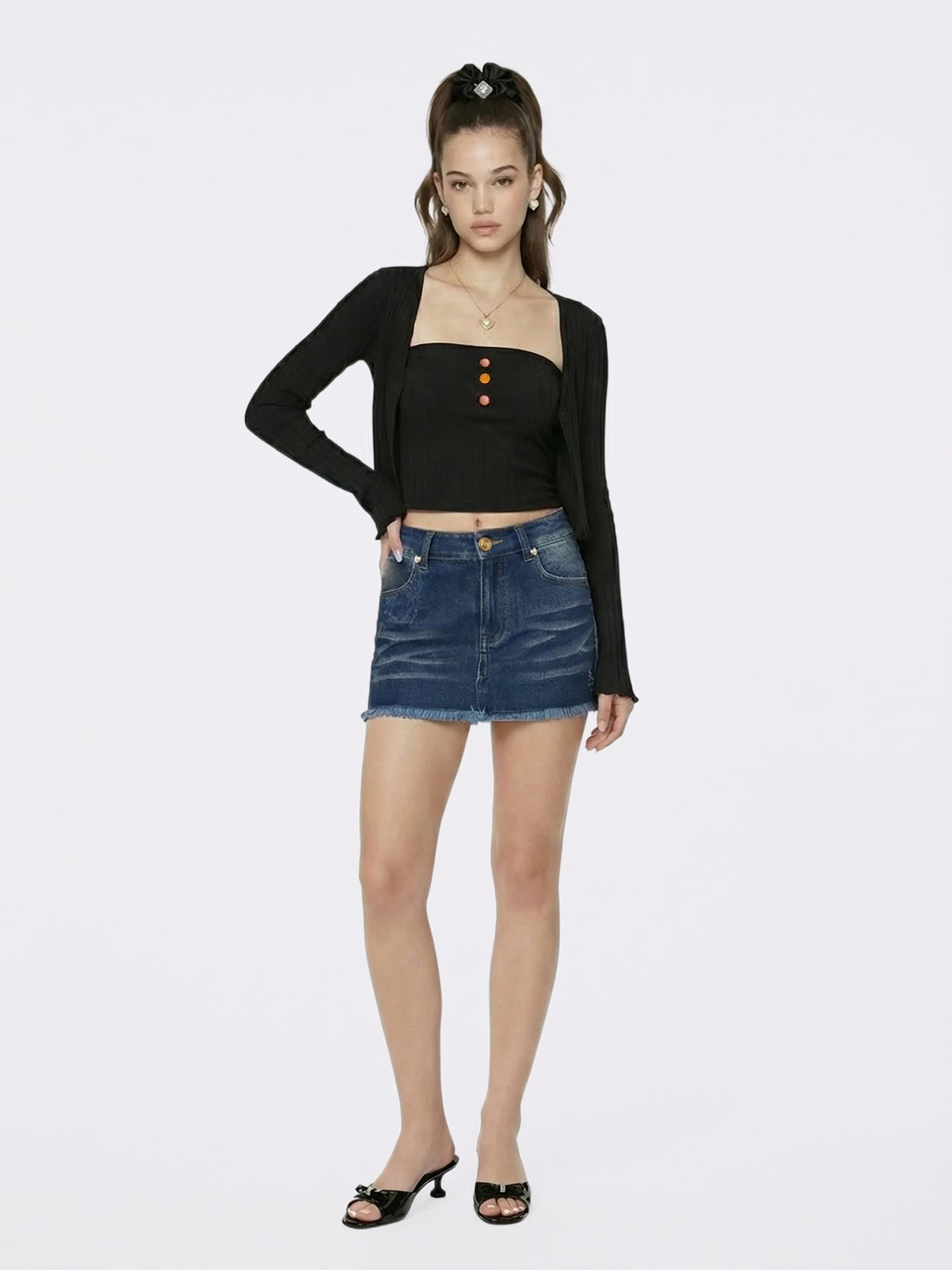 Jane Cropped Ribbed Black Knit Cardigan