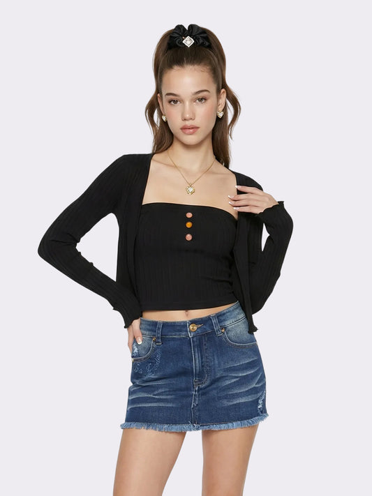 Jane Cropped Ribbed Black Knit Cardigan