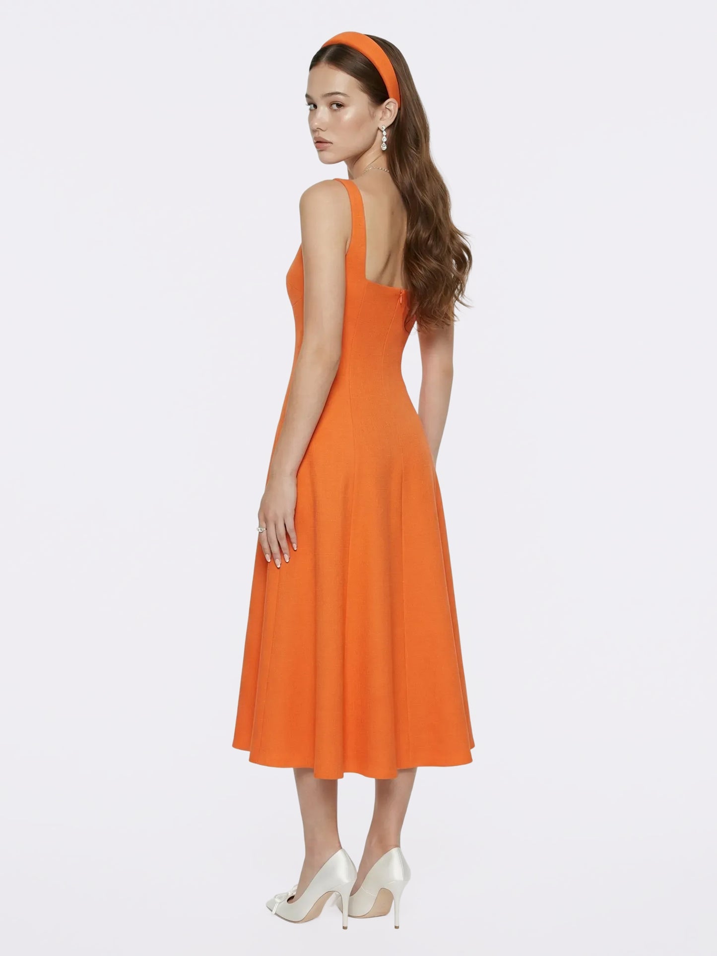 Josephine Square-Neck Orange Midi Dress