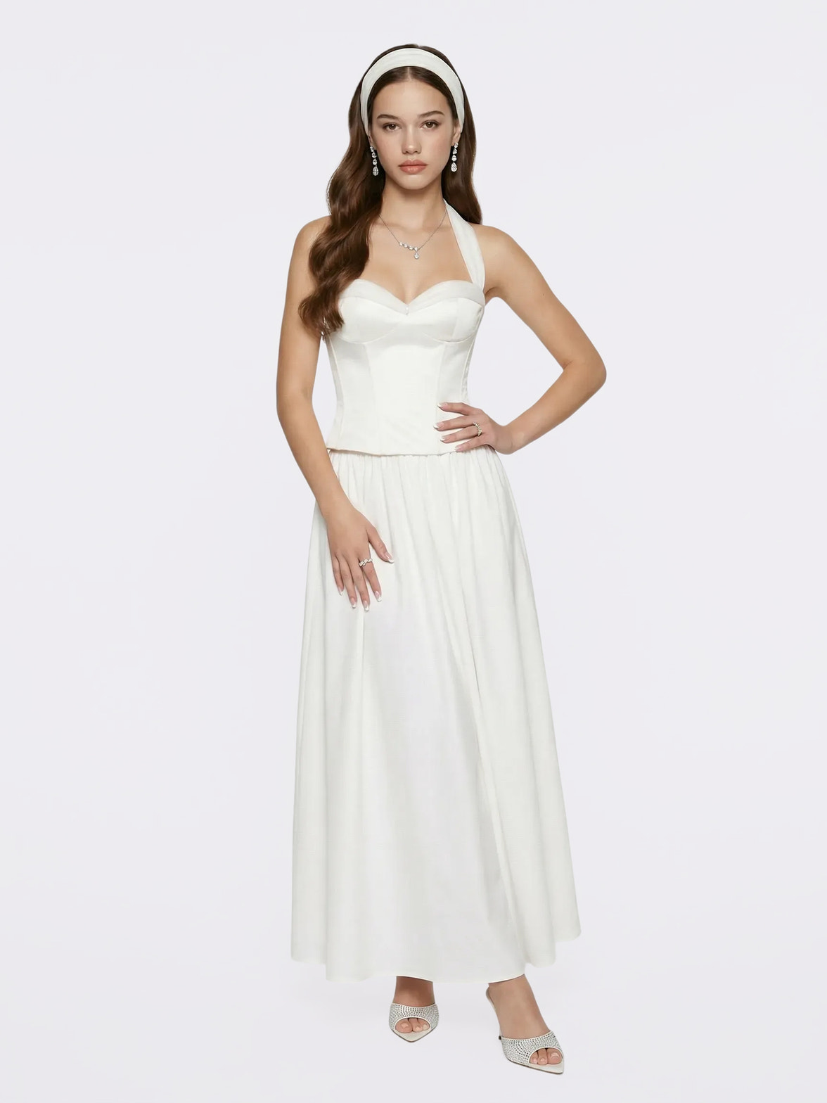 white satin halter dress White Satin Halter Top with Crystal Bow