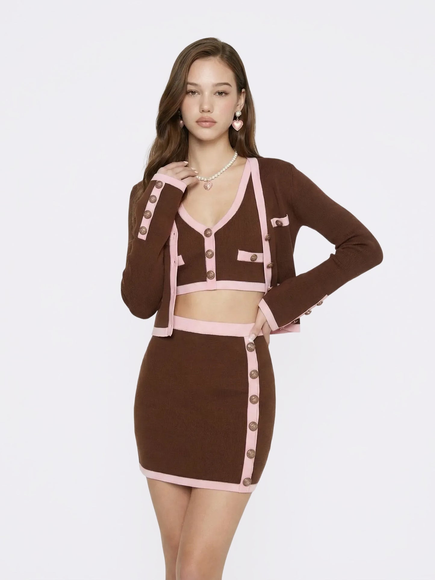 Lisette Contrast-Trim Brown Knit Three-Piece Set