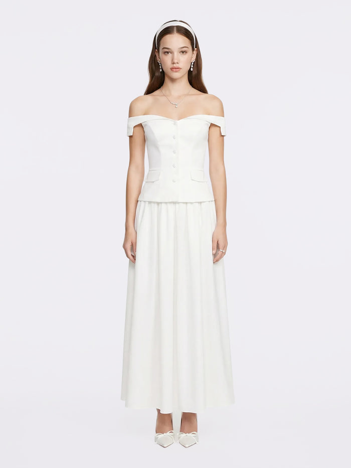 Claudine white off-shoulder tailored top and A-line midi skirt — Mother's Day brunch look | Nana Jacqueline
