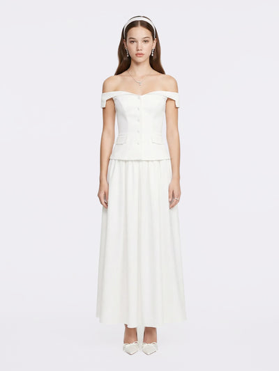 Claudine High-Waist A-Line White Midi Skirt
