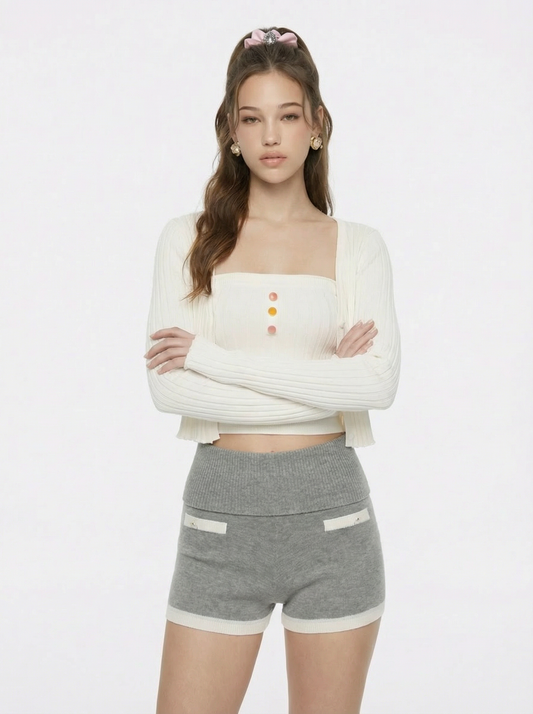 Jane Cropped Ribbed White Knit Cardigan