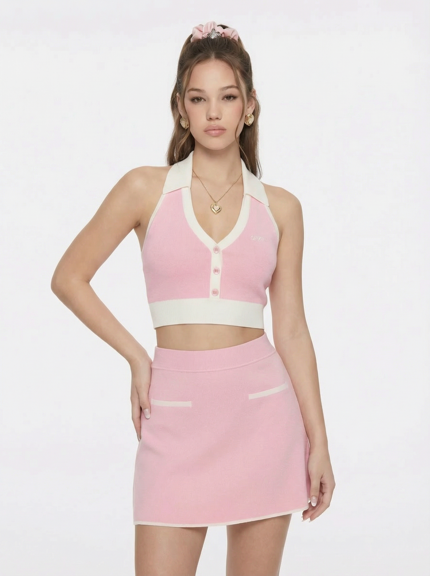Wilhelmina Contrast Halter Knit Pink Top
