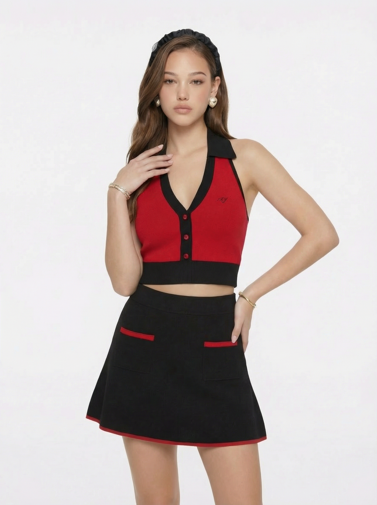 Wilhelmina Contrast Halter Knit Red Top