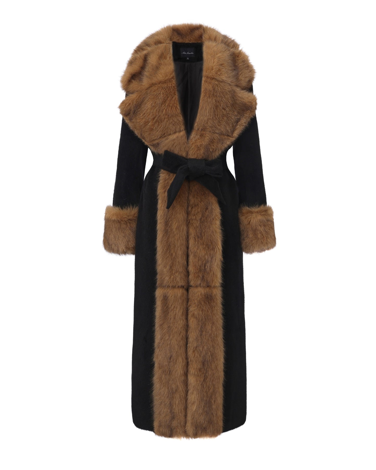 Black long coat with brown faux fur-trimmed collar on a white background