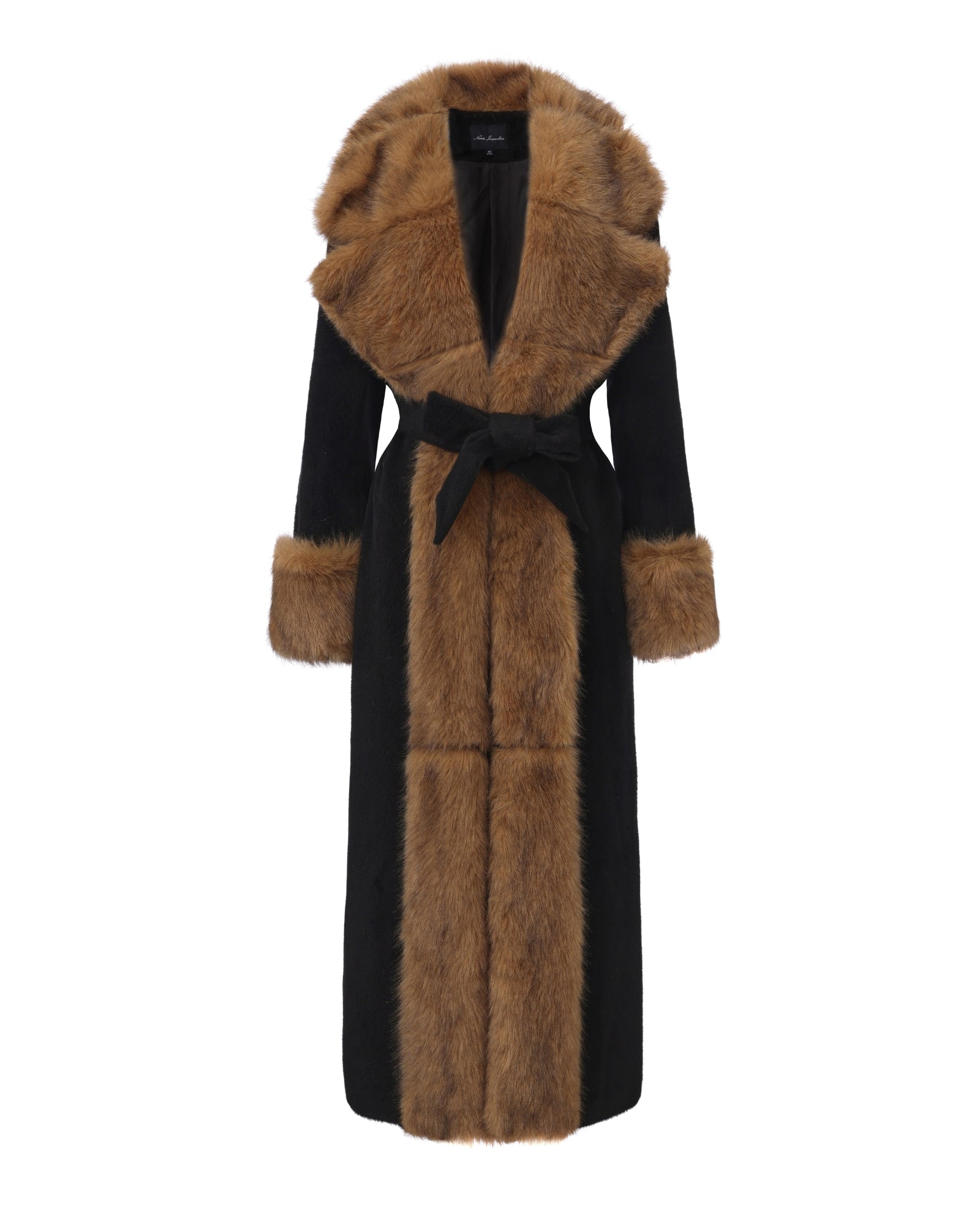 Black long coat with brown faux fur-trimmed collar on a white background