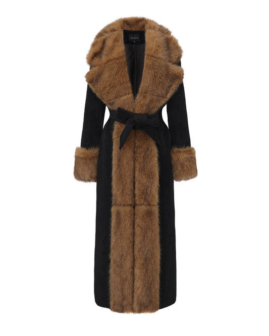 Black long coat with brown faux fur-trimmed collar on a white background
