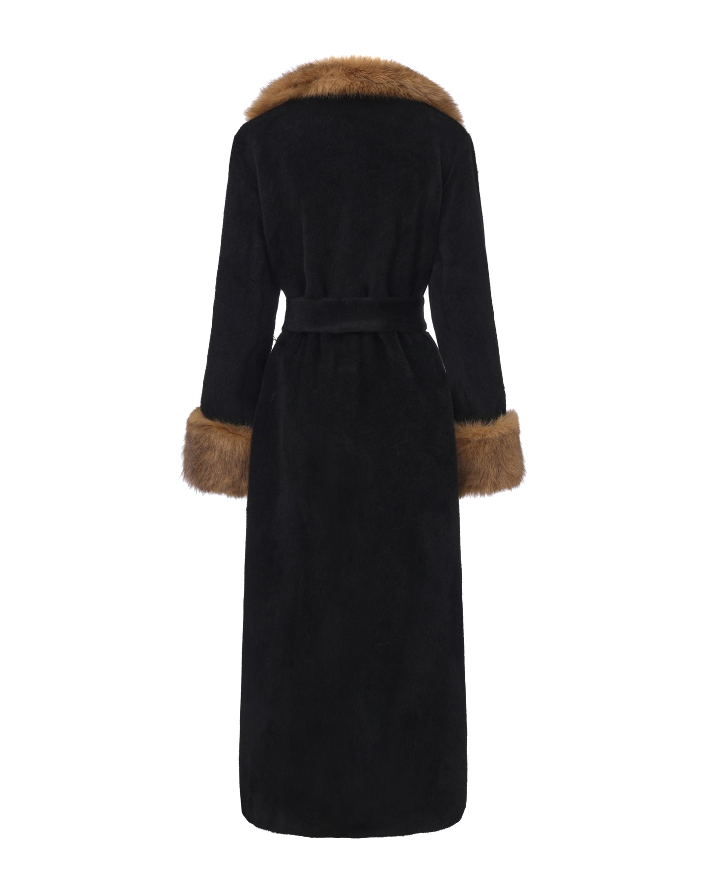 Black long coat with brown faux fur-trimmed collar on a white background