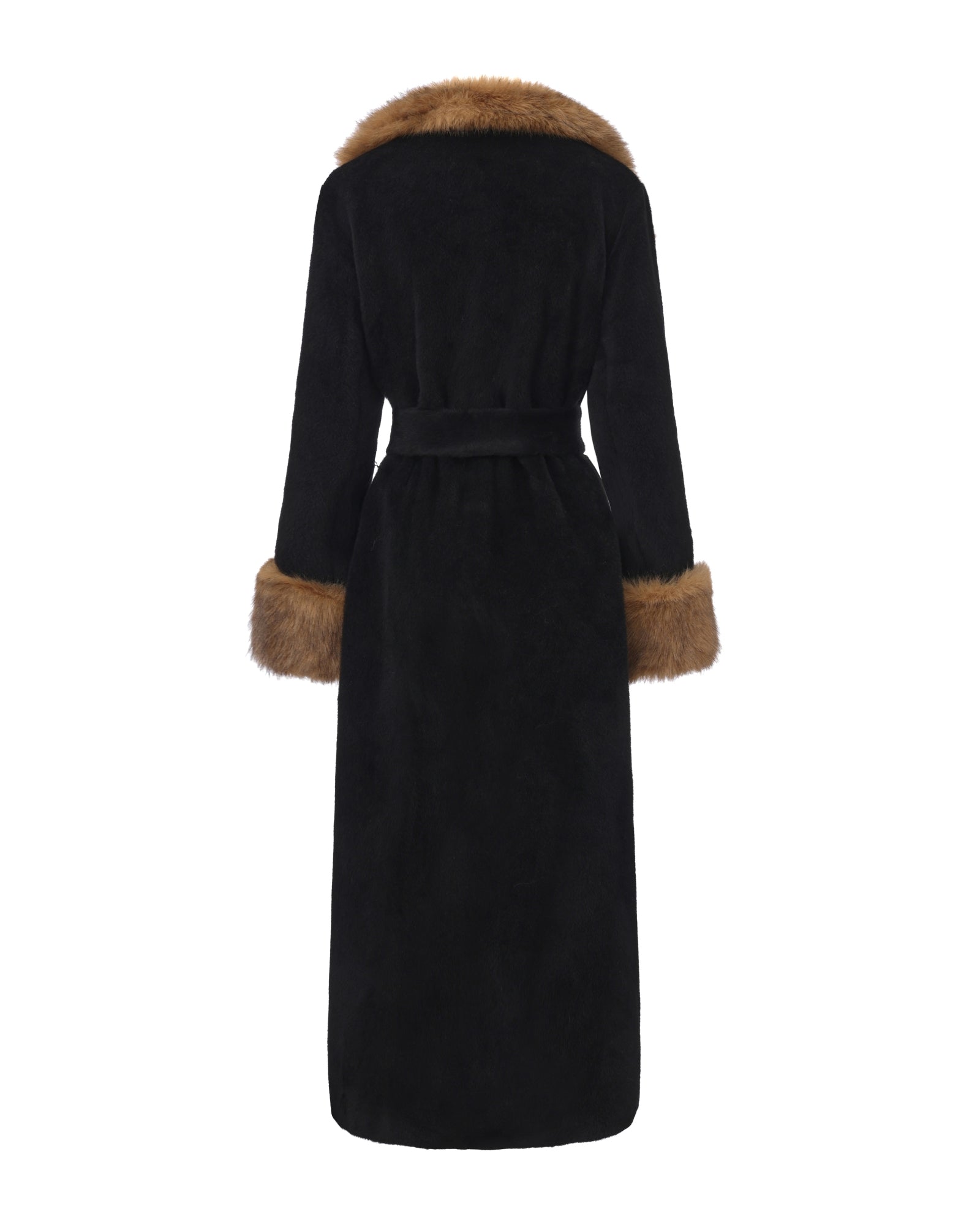 Black long coat with brown faux fur-trimmed collar on a white background