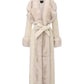Luxury long off-white wool coat with oversized faux fur collar, fur-trimmed cuffs, and belted waist