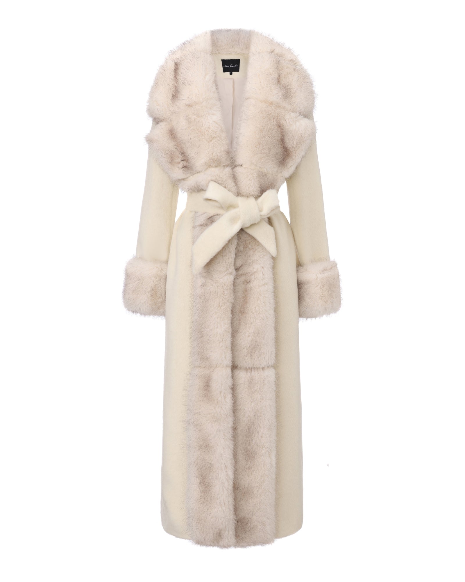 Luxury long off-white wool coat with oversized faux fur collar, fur-trimmed cuffs, and belted waist