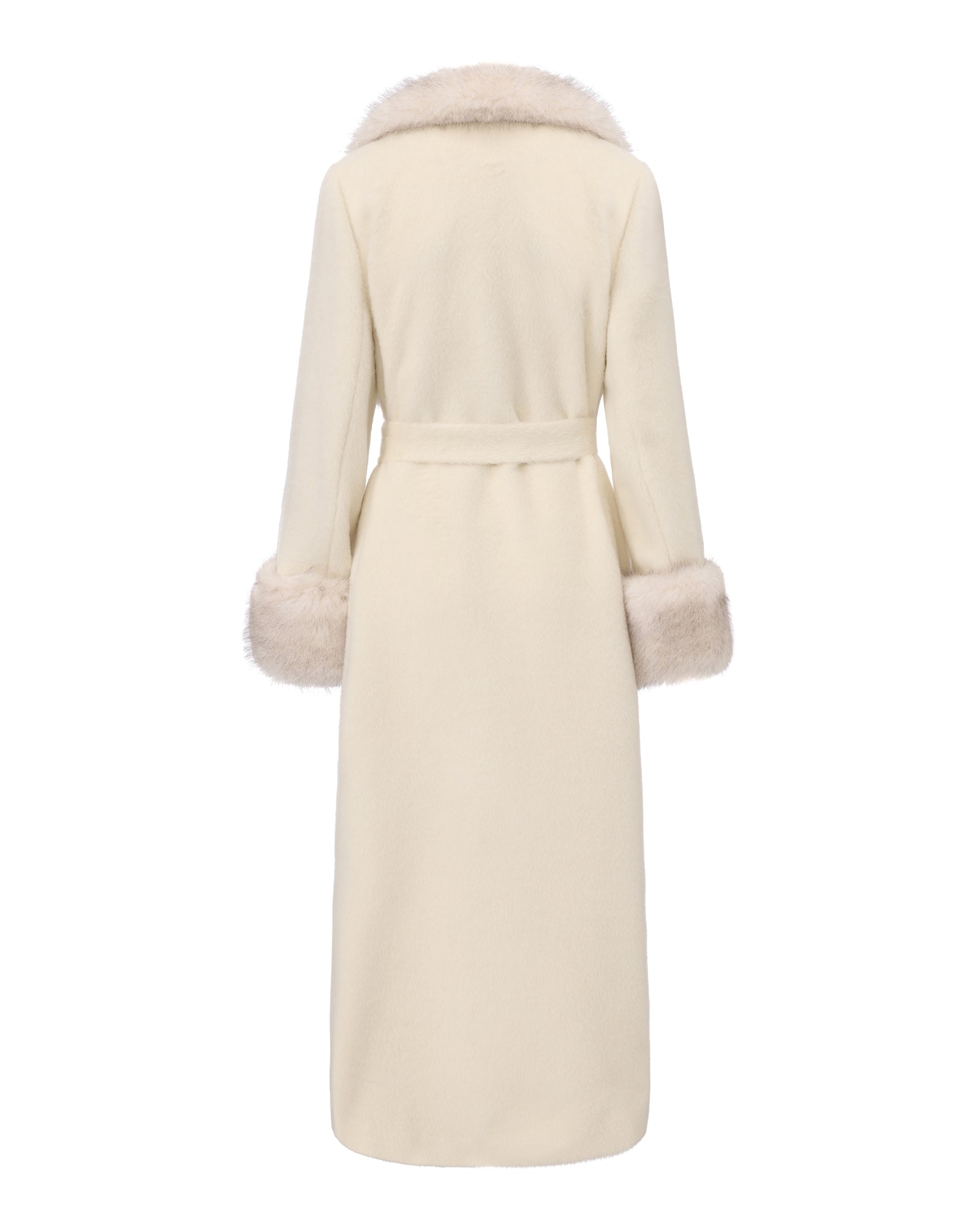 Luxury long off-white wool coat with oversized faux fur collar, fur-trimmed cuffs, and belted waist