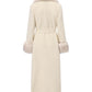 Luxury long off-white wool coat with oversized faux fur collar, fur-trimmed cuffs, and belted waist