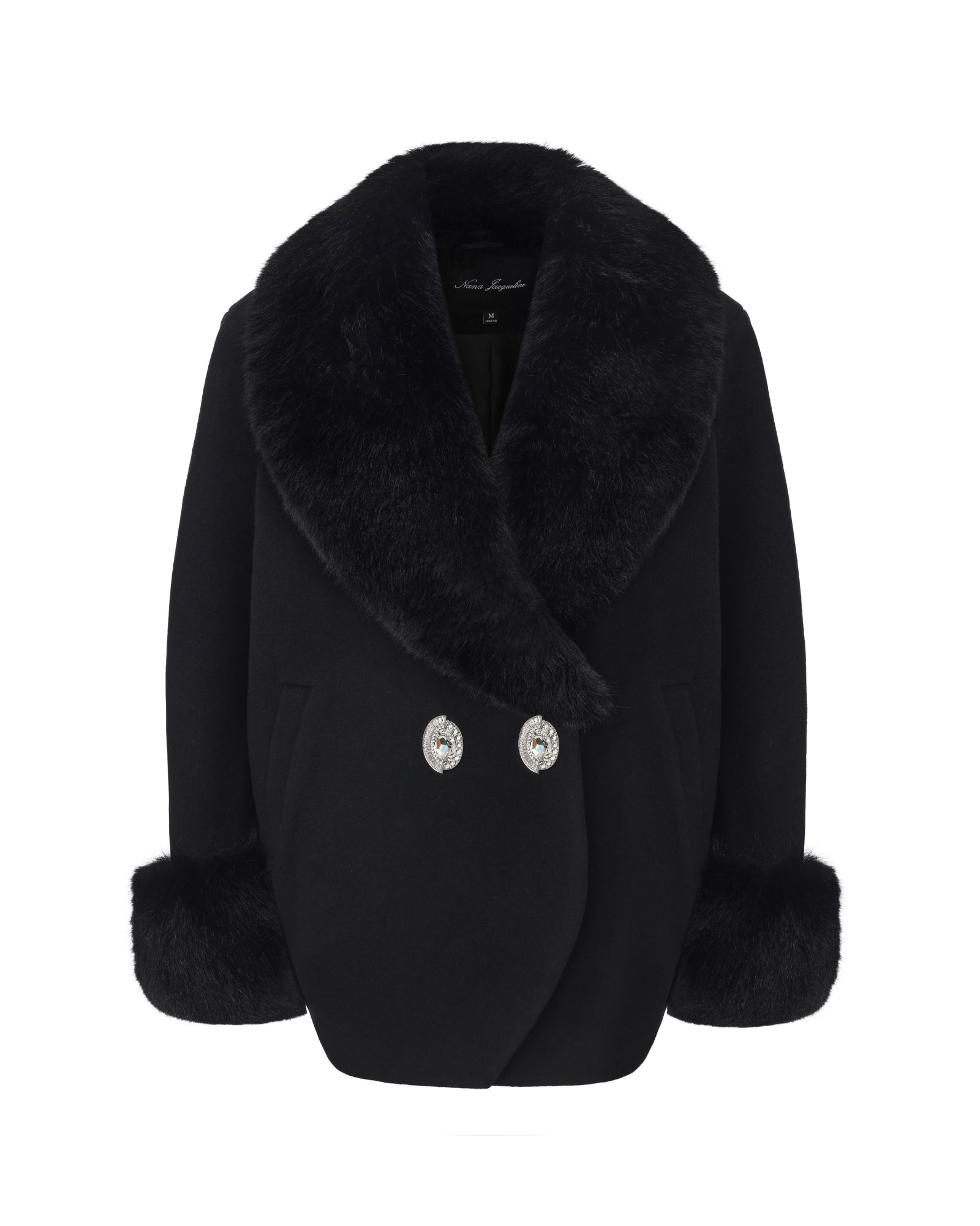 Althea Faux Fur Collar Cocoon Coat (Black) | Designer Women's Fur
