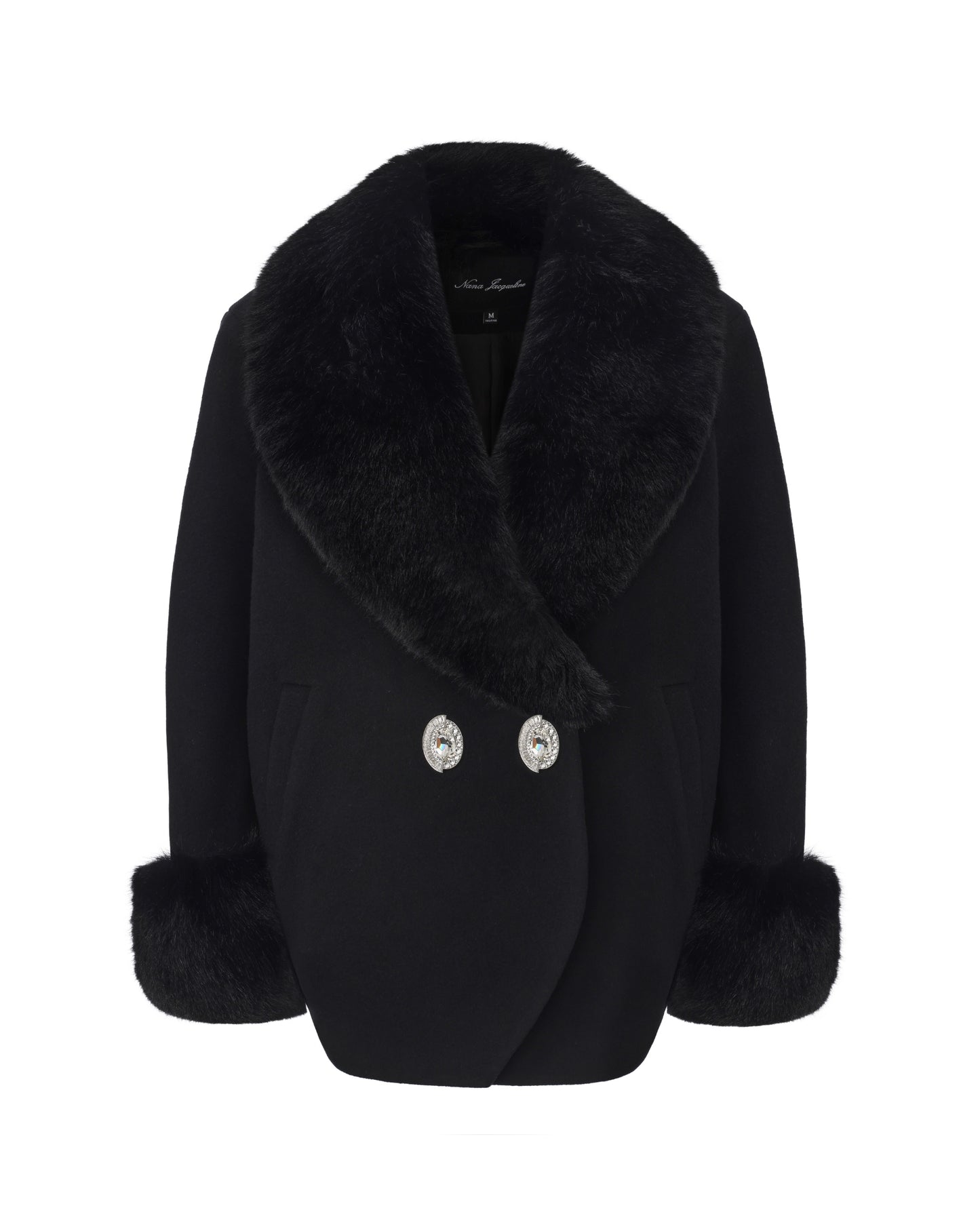 Black large fur collar and diamond embellished cocoon coat on a white background
