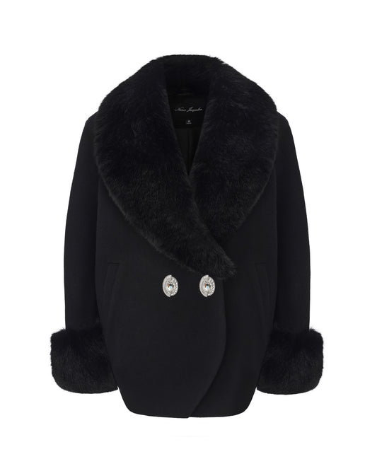 Black large fur collar and diamond embellished cocoon coat on a white background