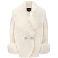 White fur cocoon coat with crystal buttons on a white background