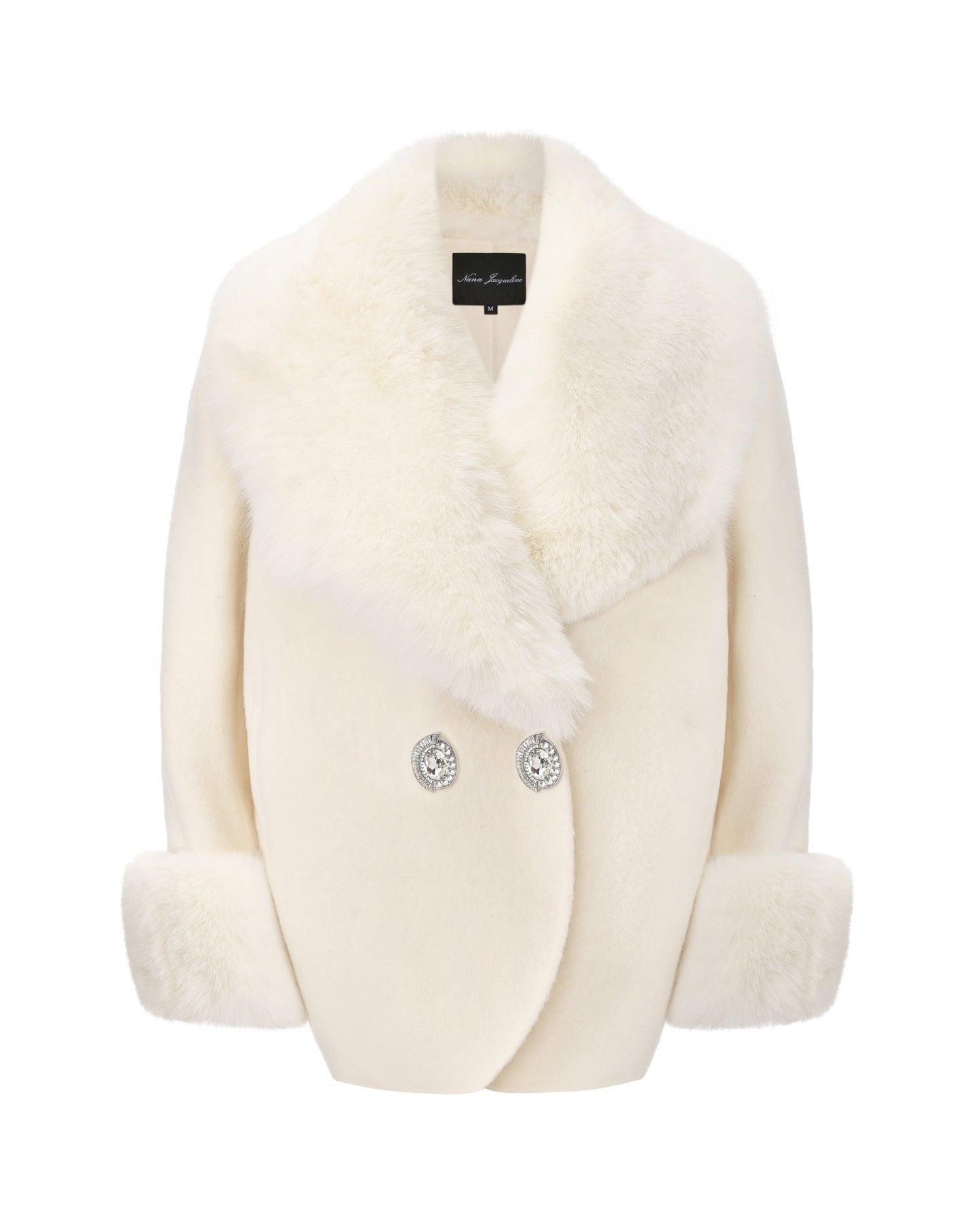 White fur cocoon coat with crystal buttons on a white background