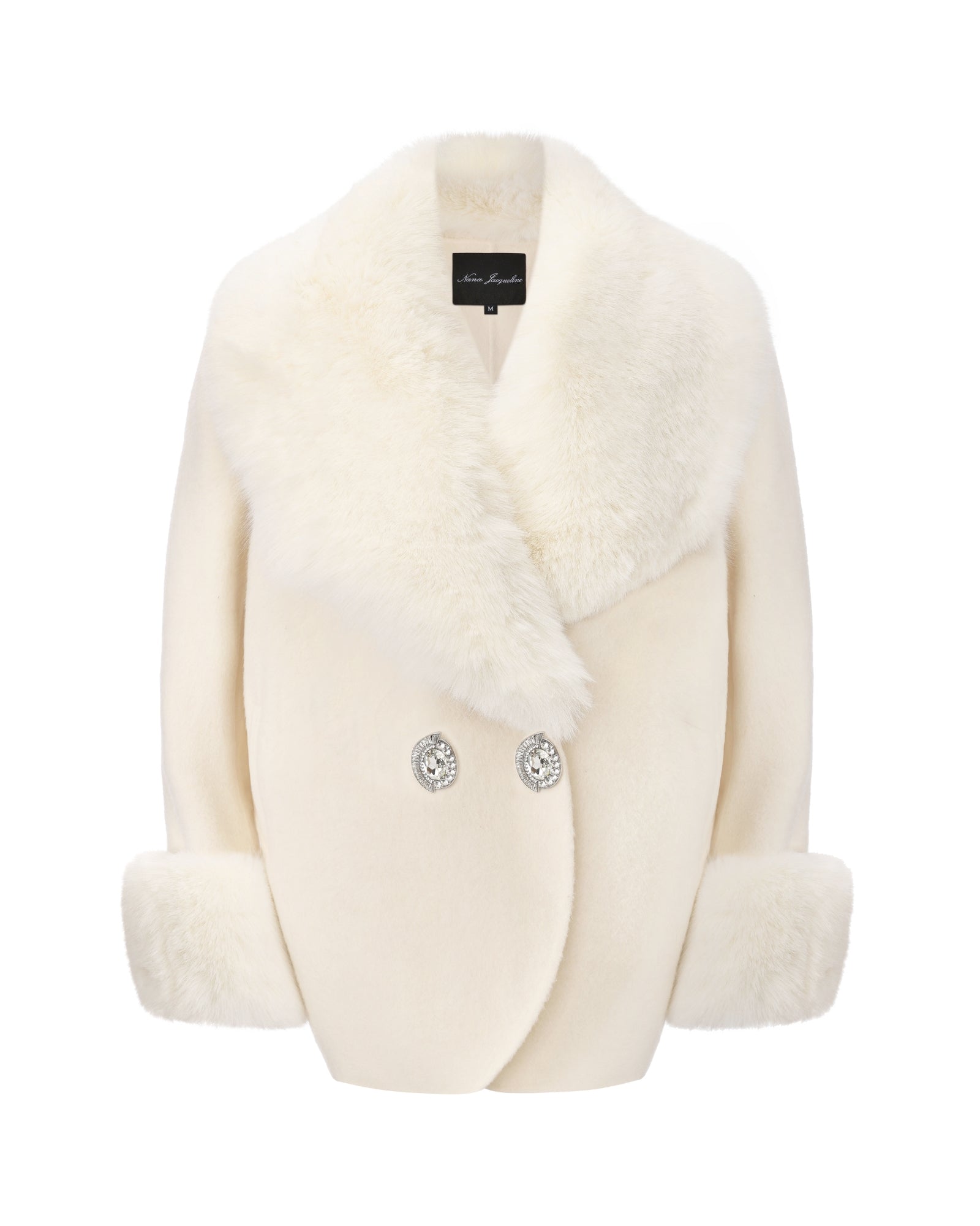 White fur cocoon coat with crystal buttons on a white background