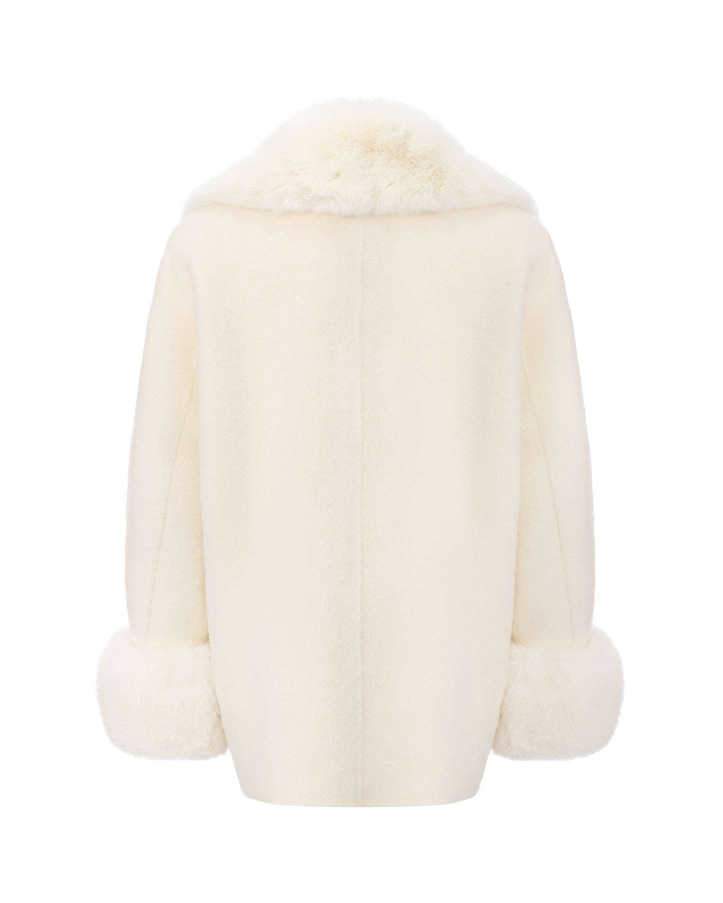 White fur cocoon coat with crystal buttons on a white background