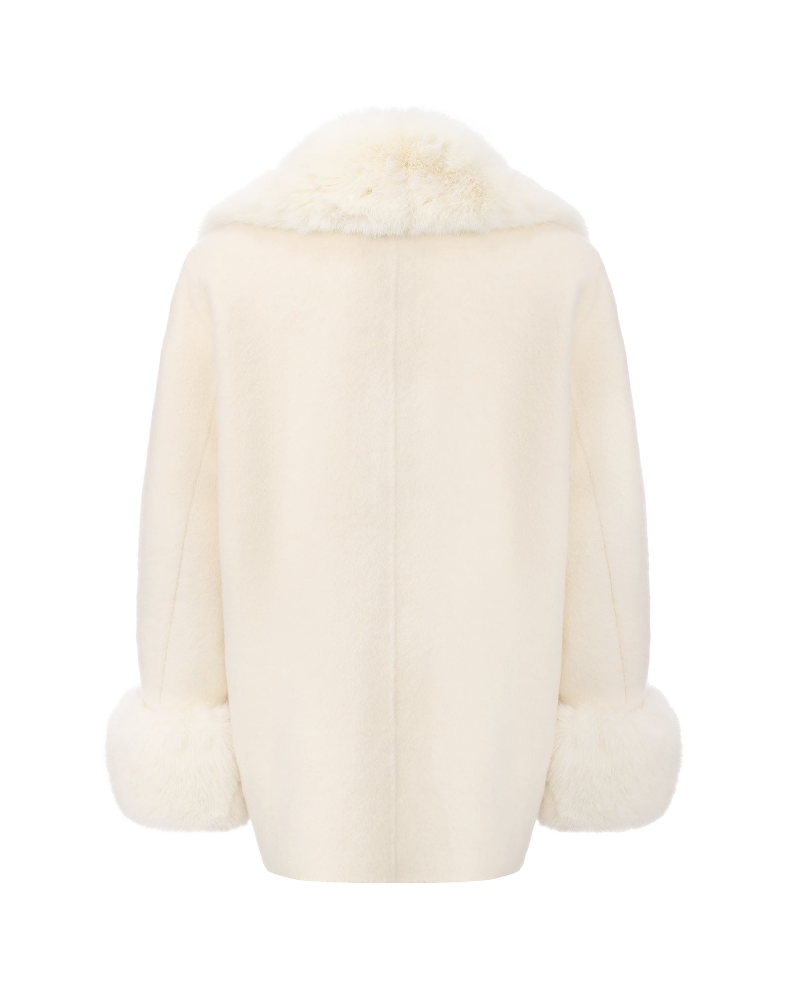 White fur cocoon coat with crystal buttons on a white background