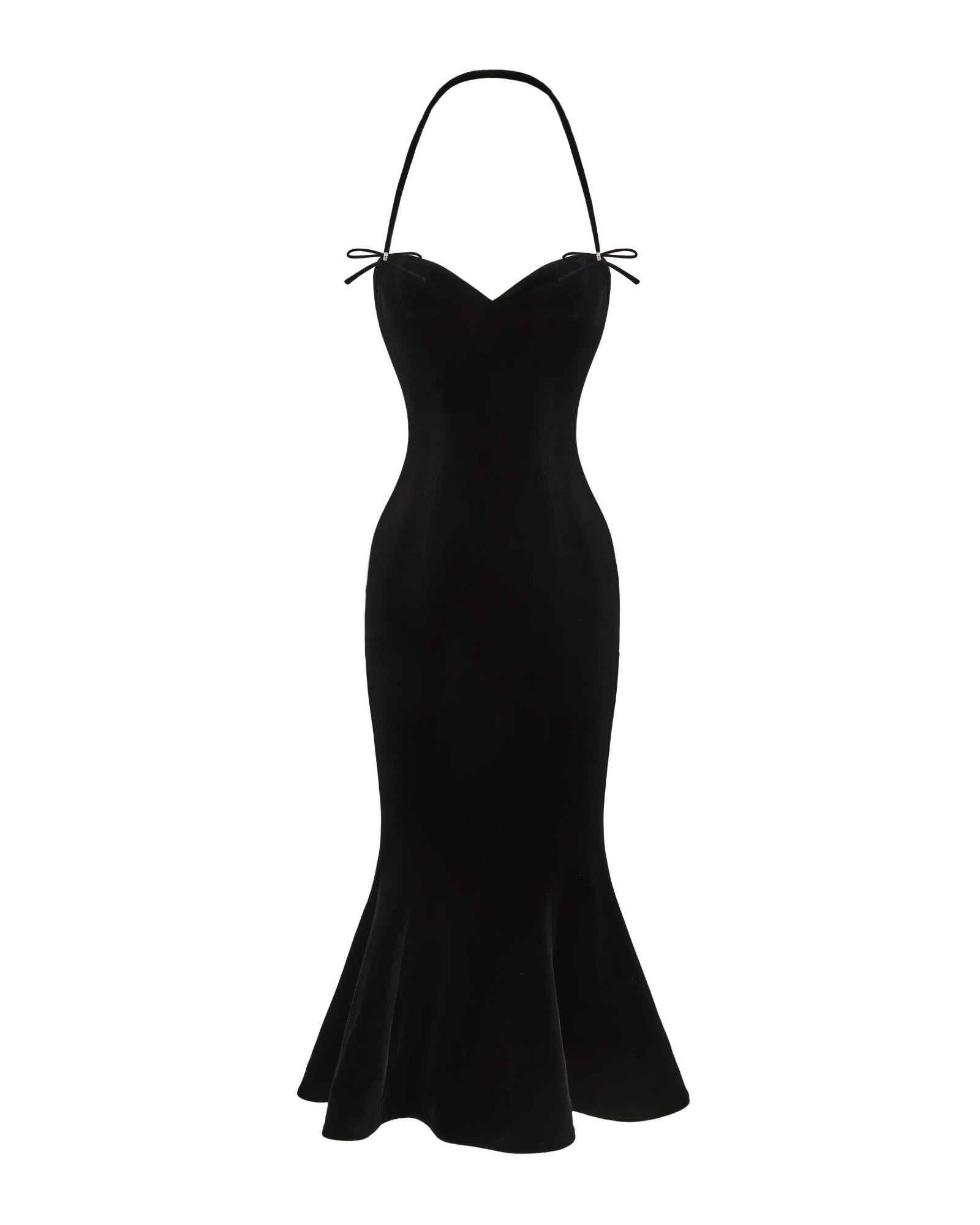 Black velvet evening gown with thin halter straps on a white background
