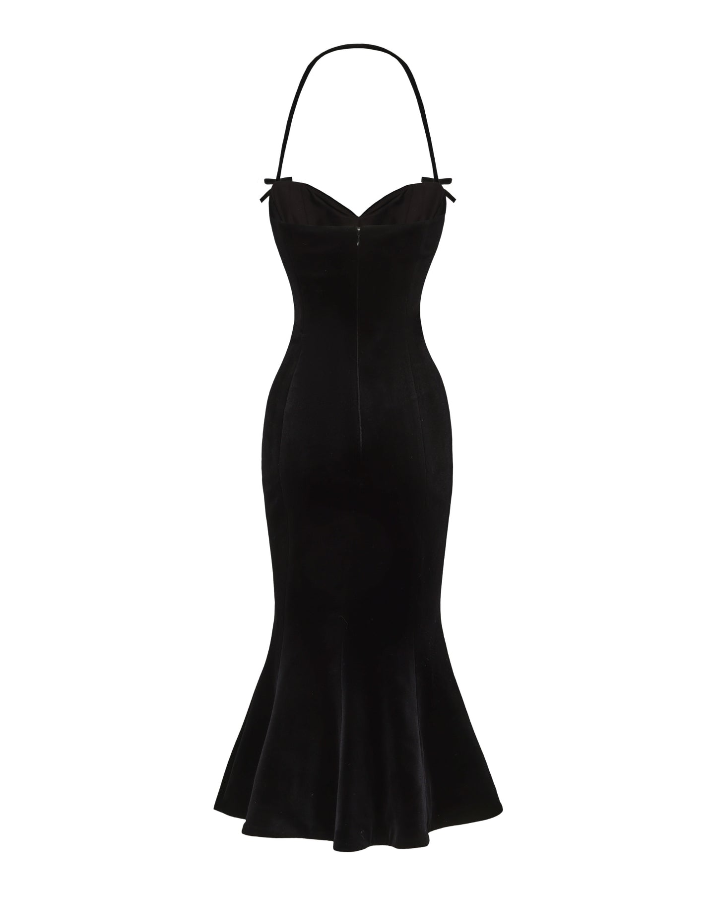 Black velvet evening gown with thin straps on a white background