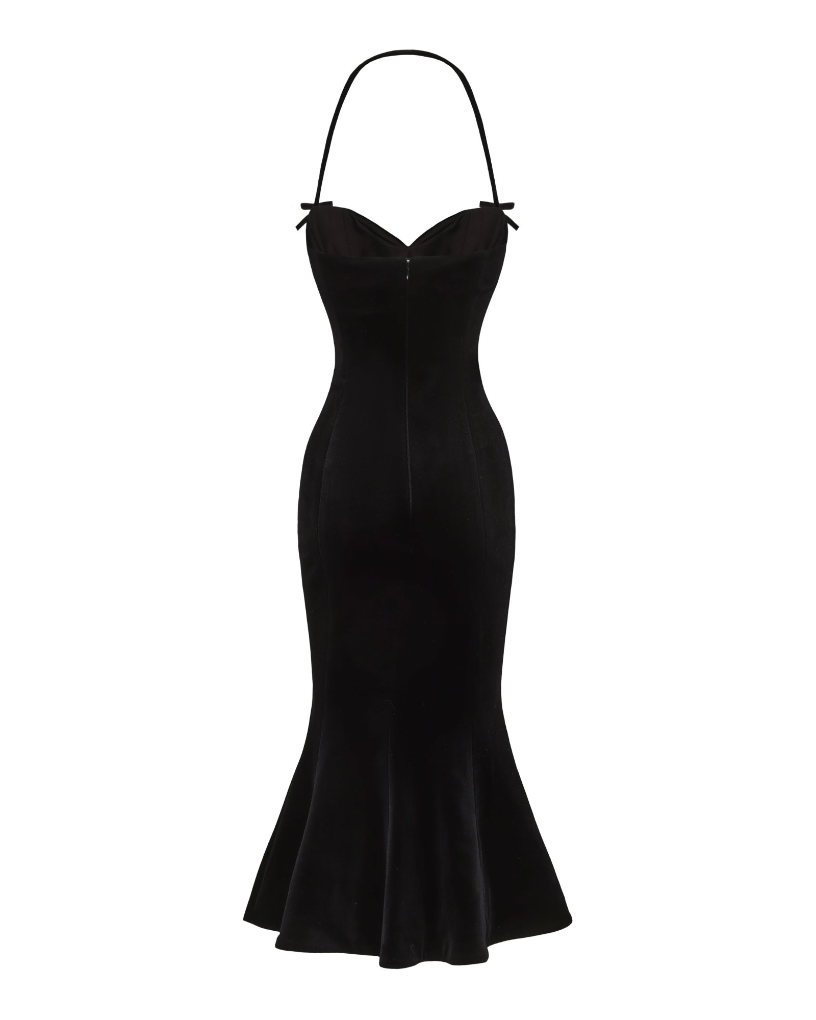 Black velvet evening gown with thin straps on a white background