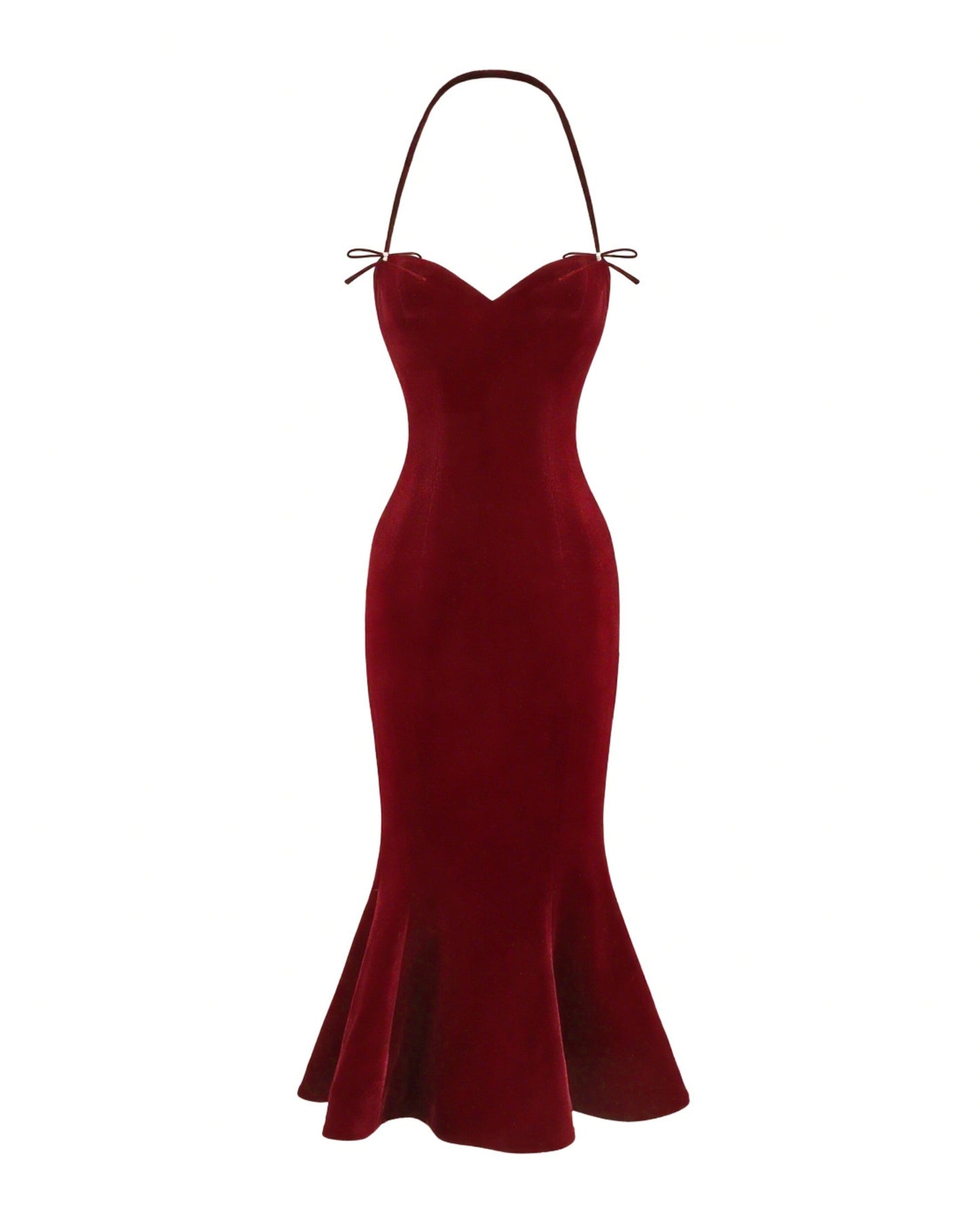 Red velvet evening gown on a white background