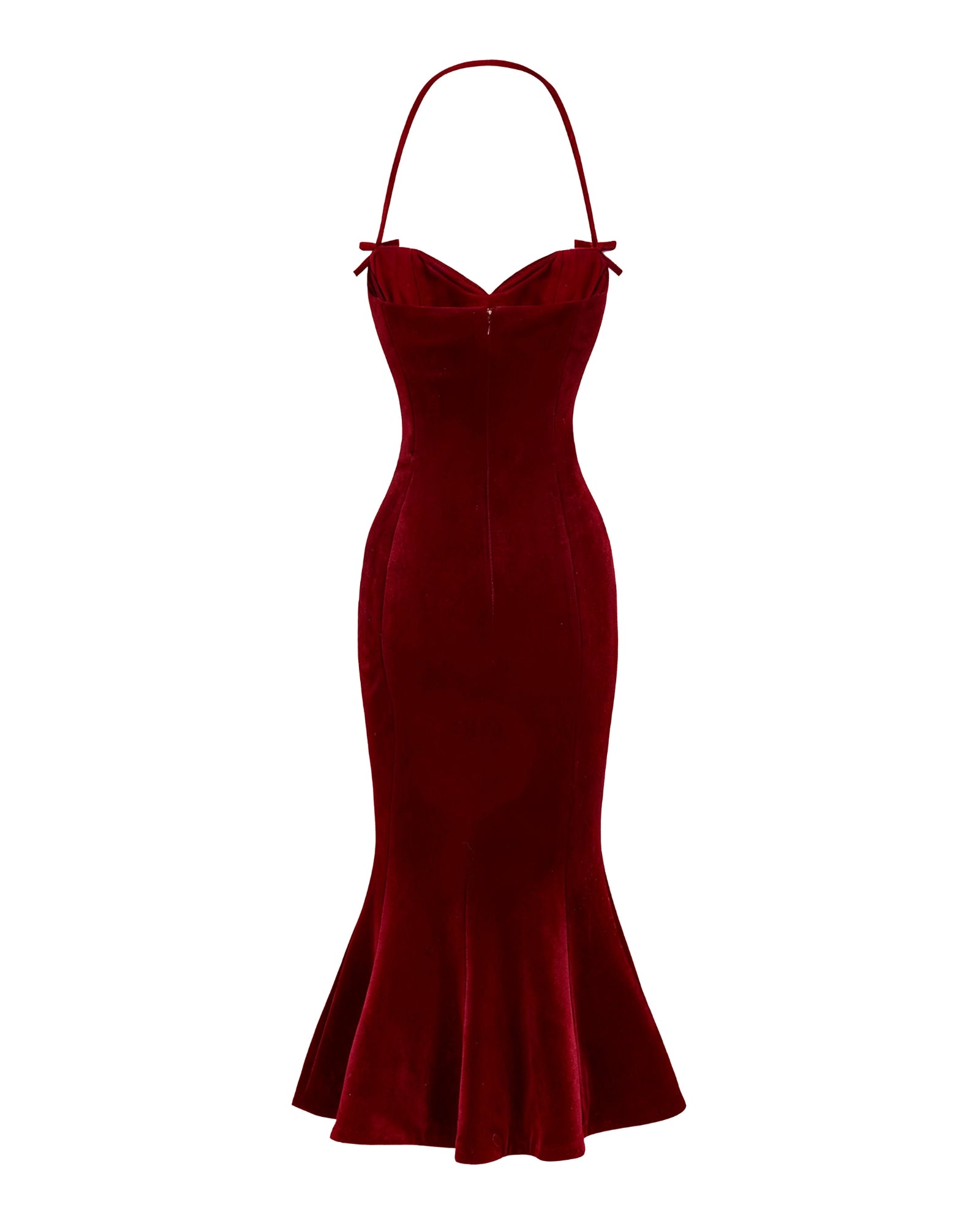 Red velvet evening gown on a white background
