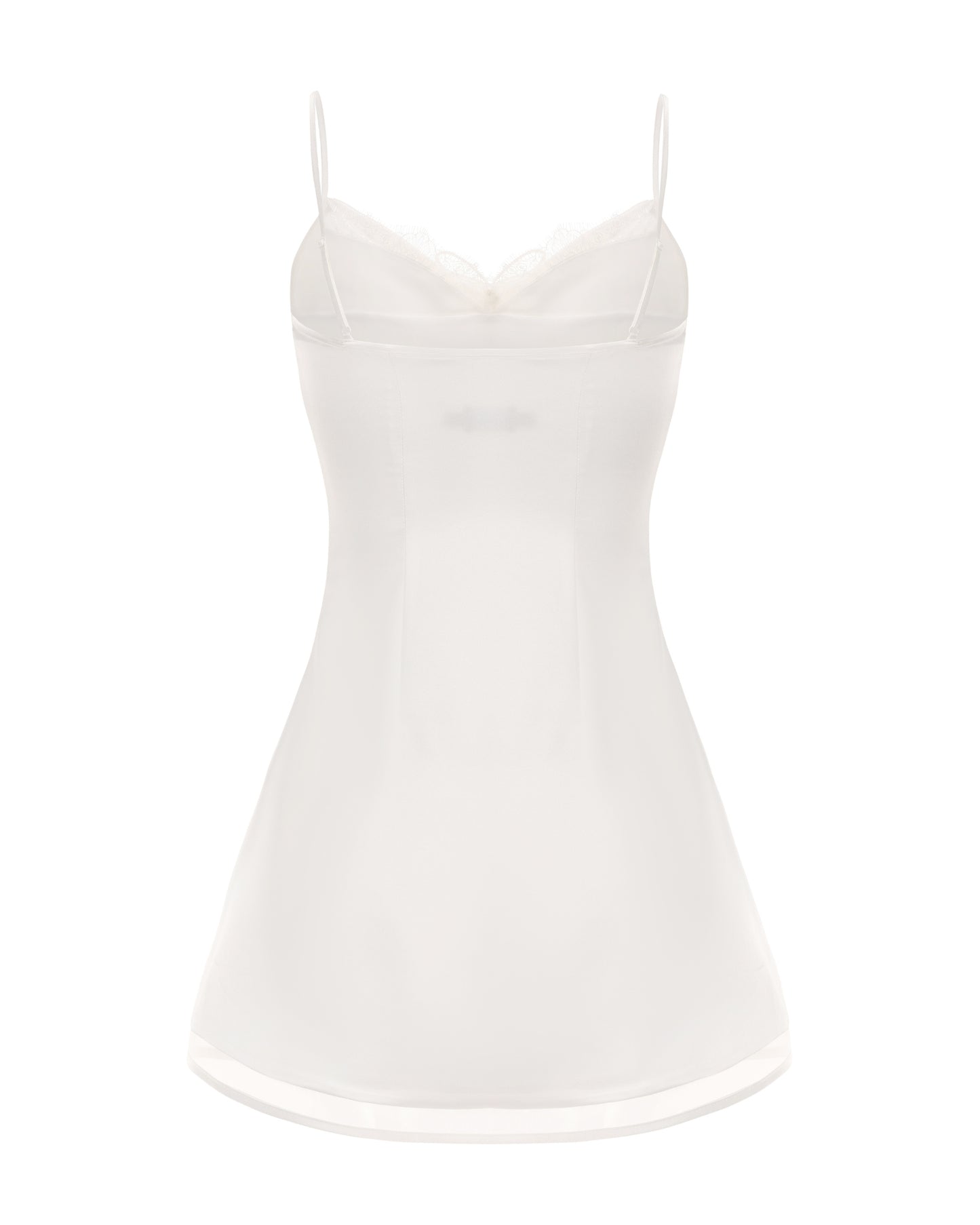 White satin slip mini dress on a white background