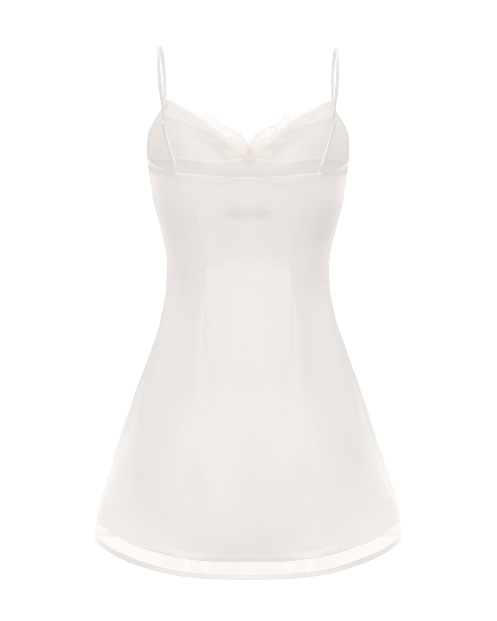 White satin slip mini dress on a white background