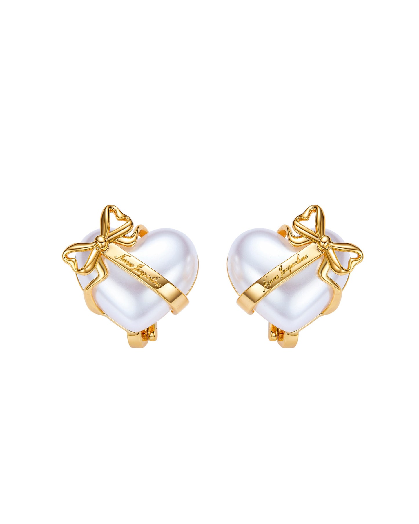Pair of gold and pearl heart-shaped earrings on a white background