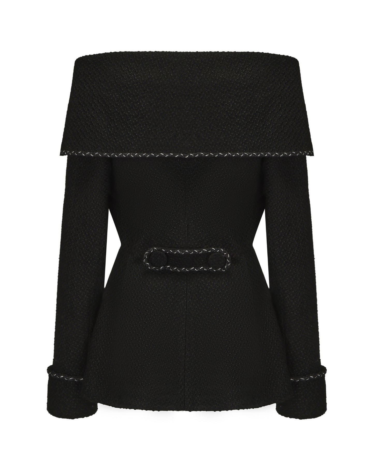 Black jacket with decorative button on a white background