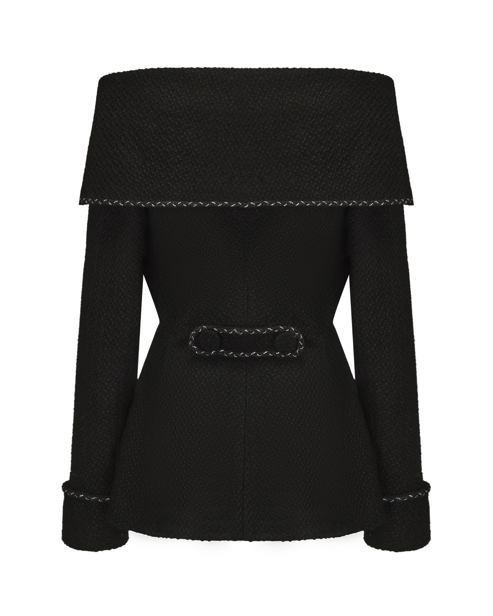 Black jacket with decorative button on a white background