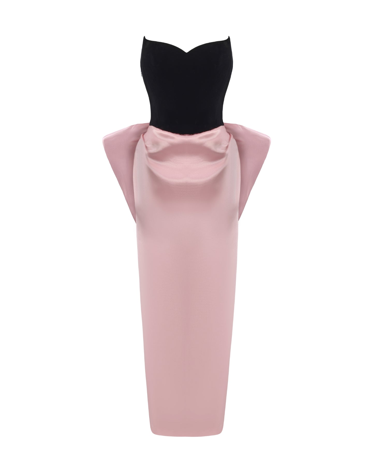 Pink and black velvet and satin maxi dress with a large bow on the back on a white background