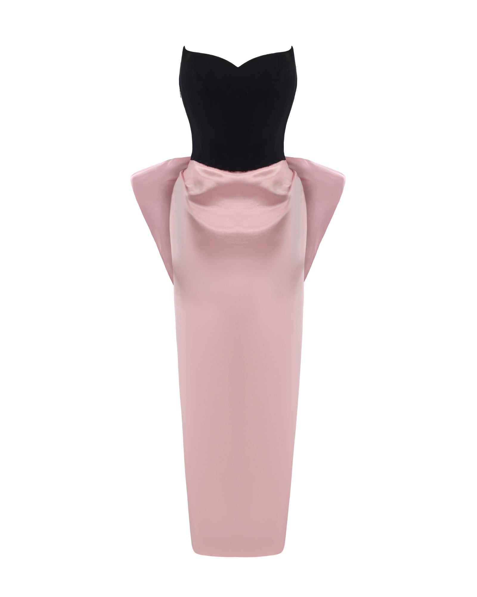 Pink and black velvet and satin maxi dress with a large bow on the back on a white background