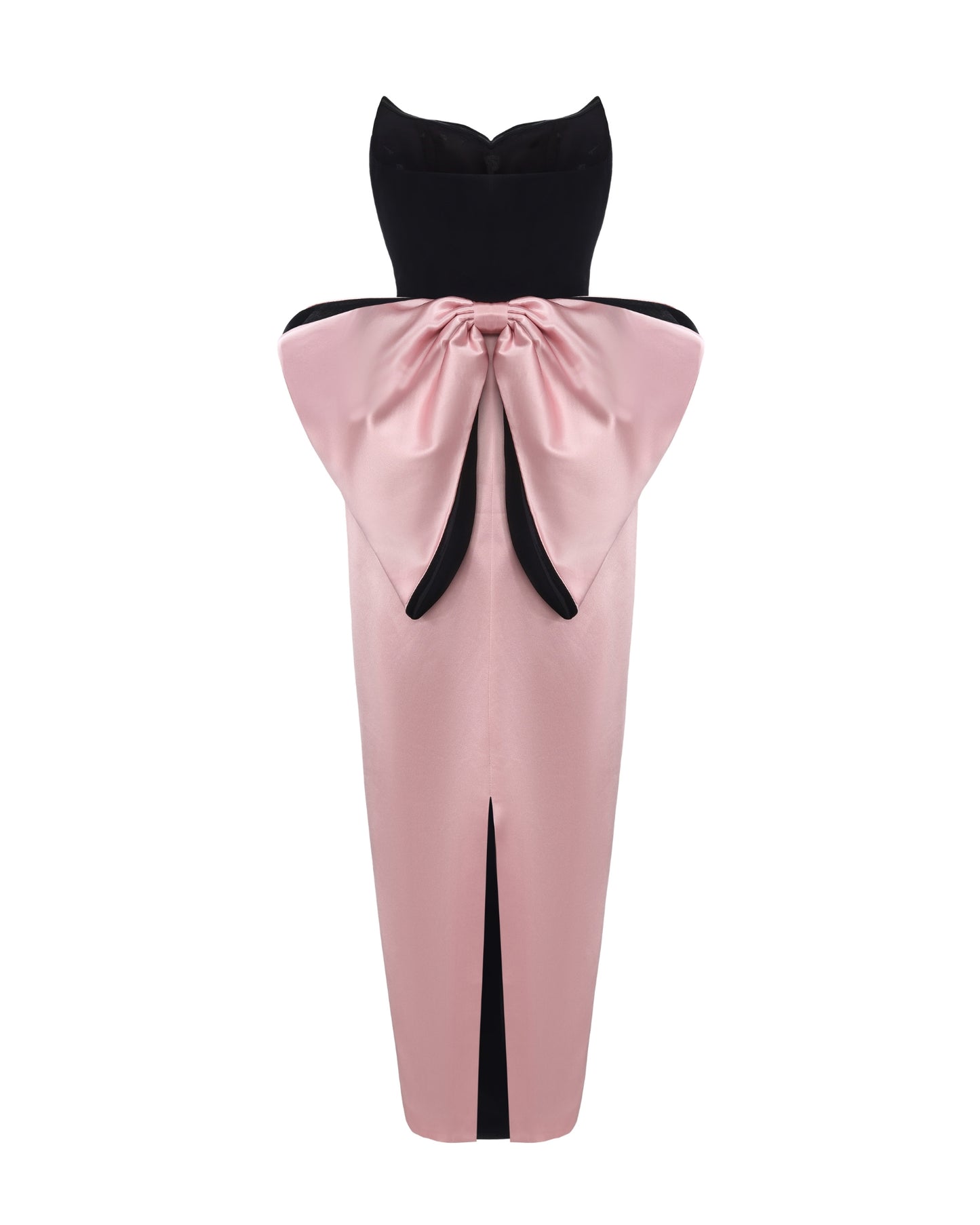 Pink and black velvet and satin maxi dress with a large bow on the back on a white background