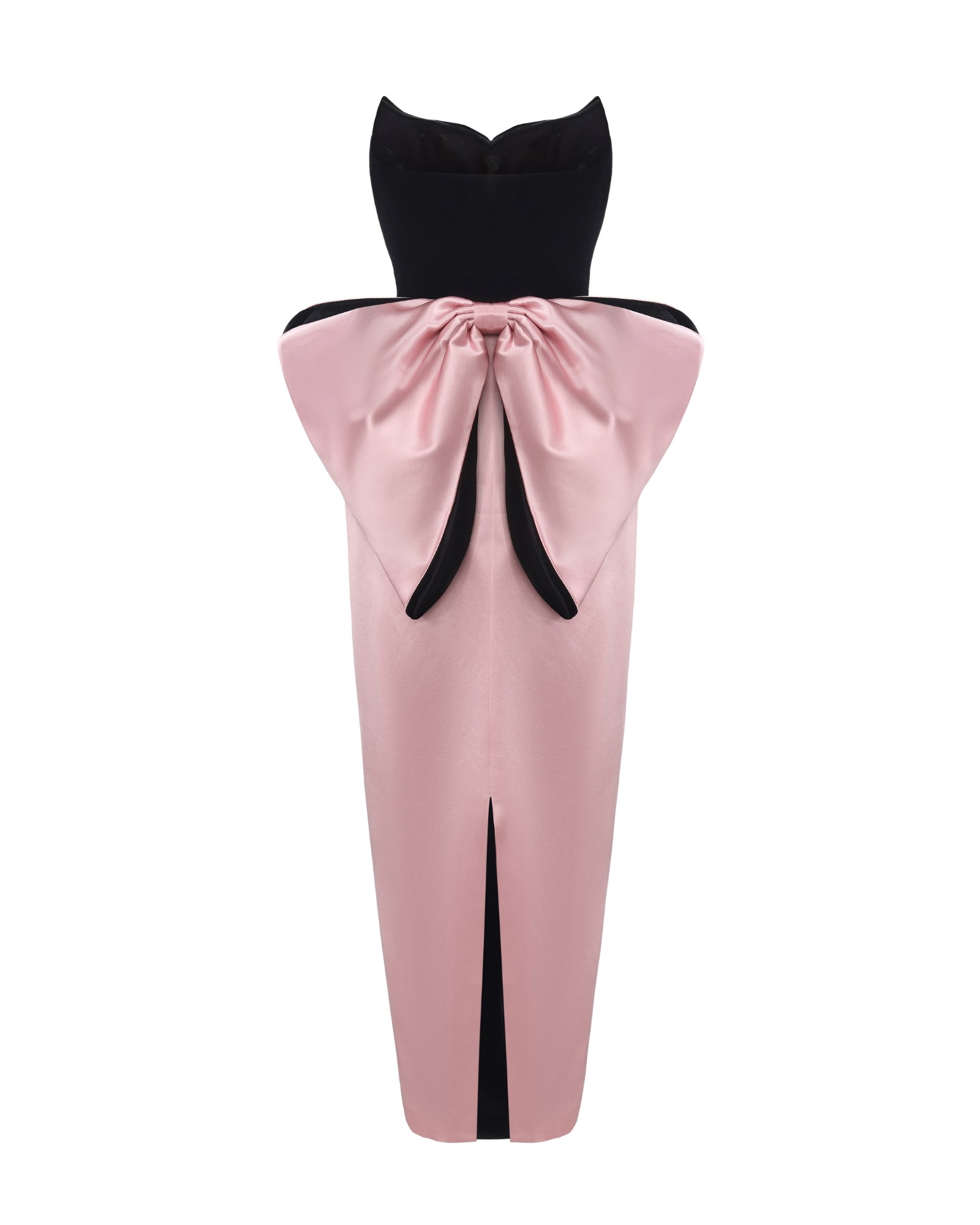 Pink and black velvet and satin maxi dress with a large bow on the back on a white background