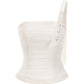 White one-shoulder ruched bustier top with a satin ribbon strap featuring rhinestone-embellished script text.