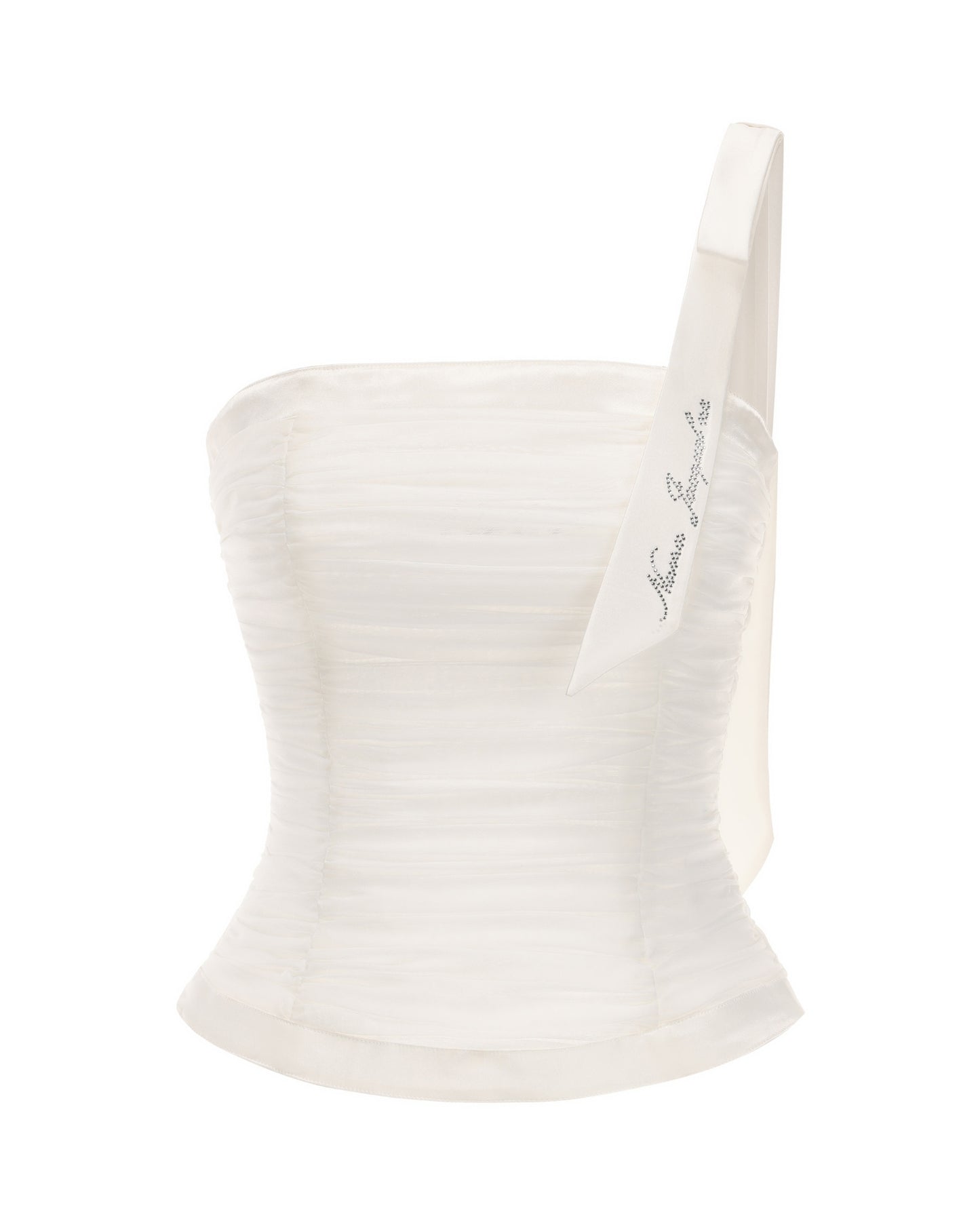 White one-shoulder ruched bustier top with a satin ribbon strap featuring rhinestone-embellished script text.