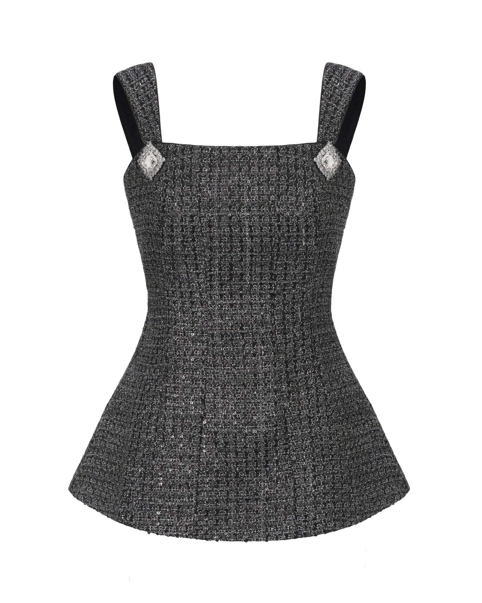 Black tailored textured top with thick straps on a white background