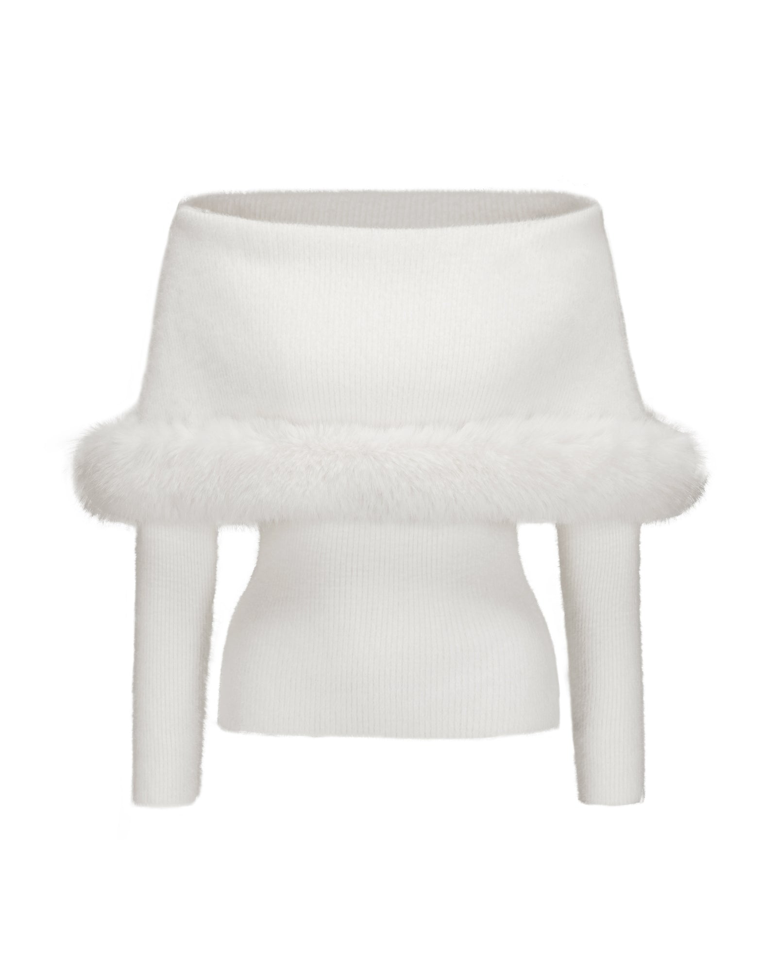 White knit long sleeve top with fluffy faux fur on a white background
