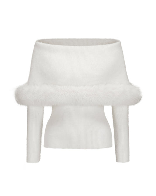 White knit long sleeve top with fluffy faux fur on a white background